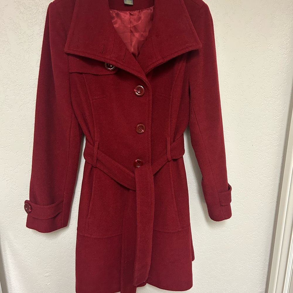 Kenneth Cole Coat Womens L Red Wool Blend Belted Button Peacoat Long Winter Chic